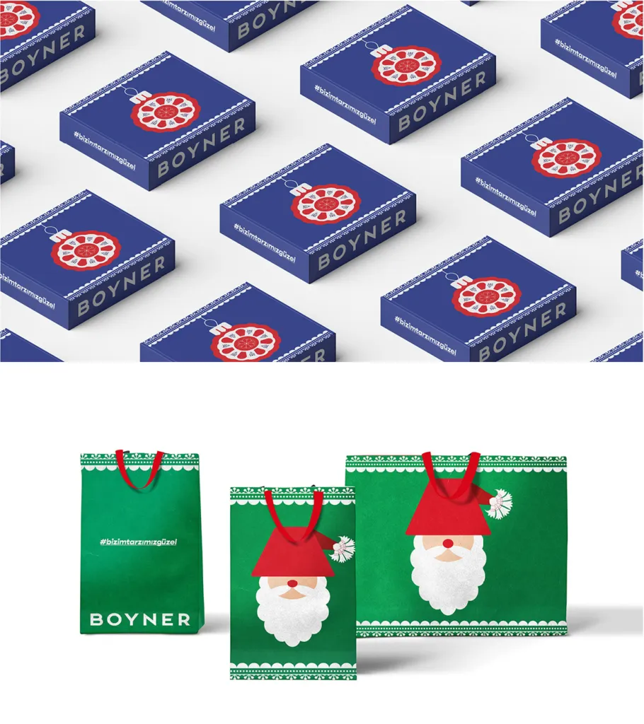 Blue Boyner gift boxes with a bauble illustration above green gift bags with Santa.