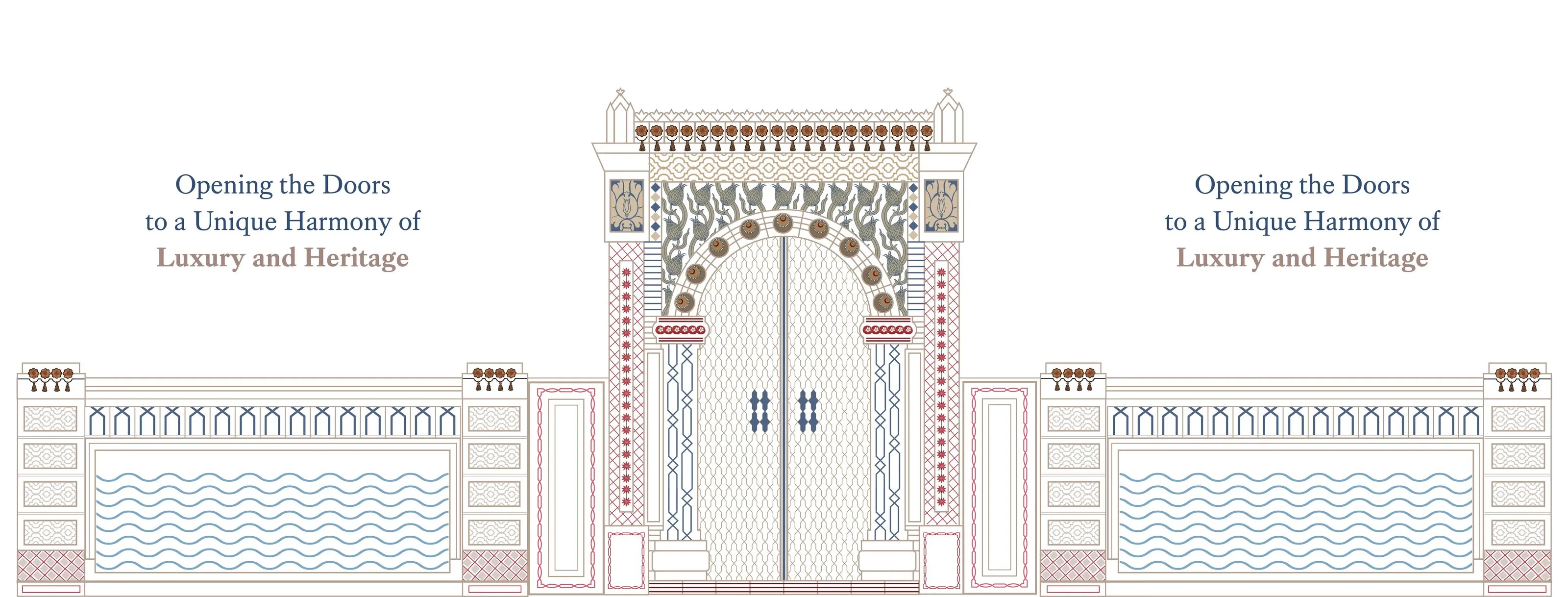 Wide spread with the illustrated gate at the centre and the line 'Opening the doors to a unique harmony of luxury and heritage' either side.