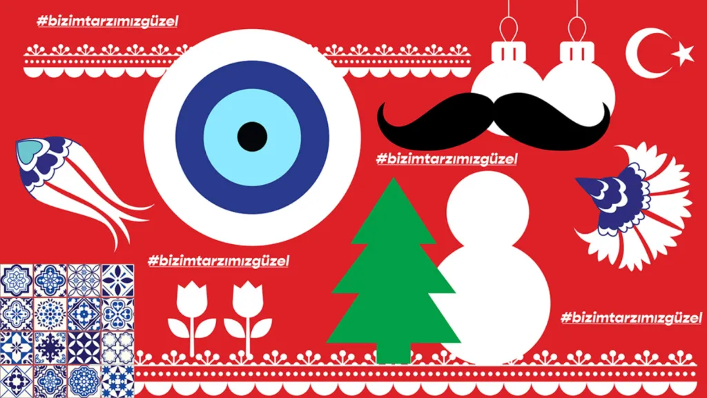 Red campaign visual with the evil eye, moustache, snowman, tree and tulip illustrations and the hashtag bizimtarzımızgüzel.