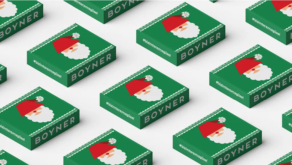 Rows of green Boyner gift boxes with a white-bearded Santa illustration, laid out diagonally.