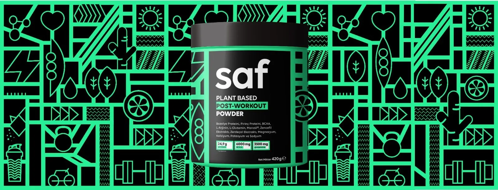 A black Saf plant-based protein tub on a dense green line pattern of weights, kettlebells, hearts and plants.