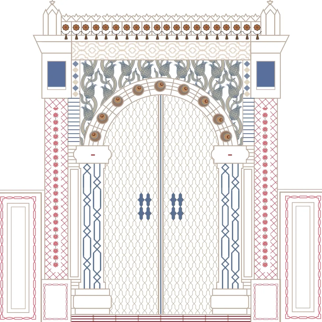 Line illustration of the palace gate in blue, red and grey, with ornamental lattice and lantern details.
