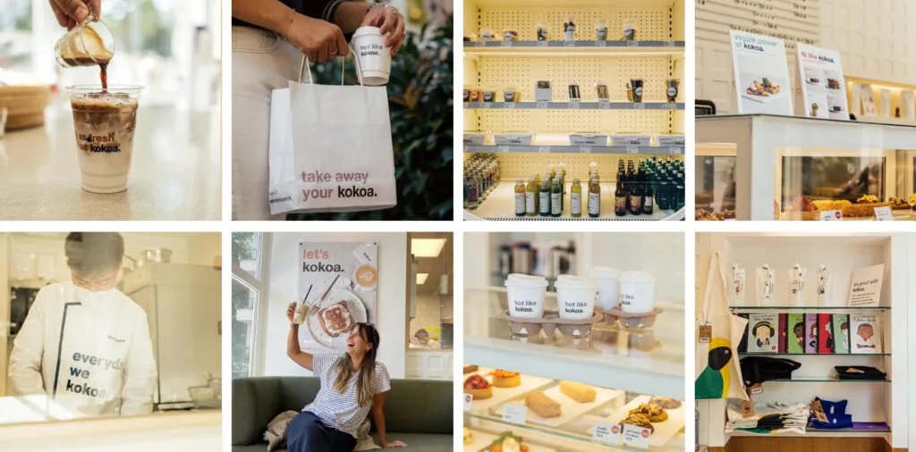 A grid of product photographs: bowls, cake, coffee cups and bottles, each carrying a kokoa line.