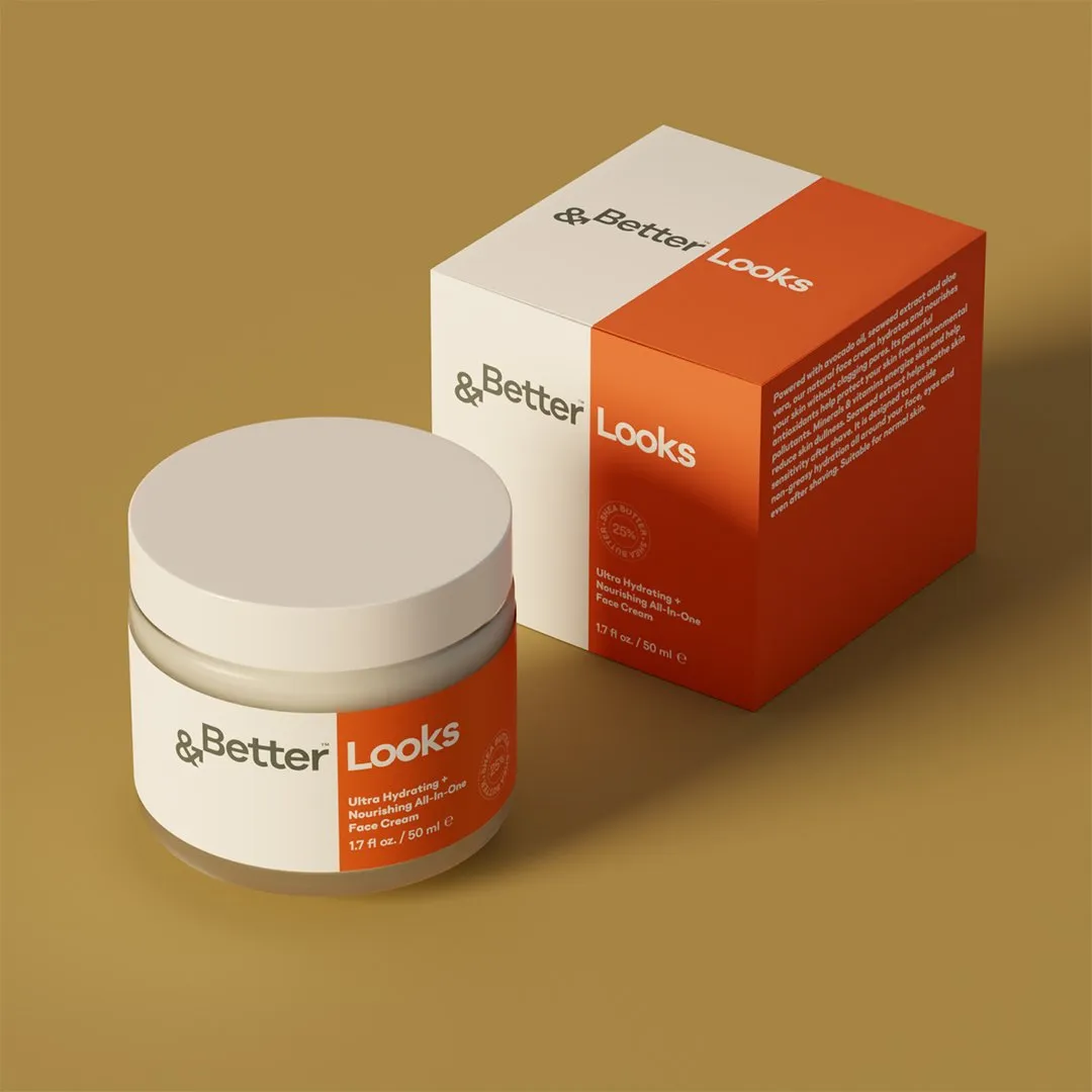 An '&Better Looks' box and a cream jar with an orange label on an ochre background.