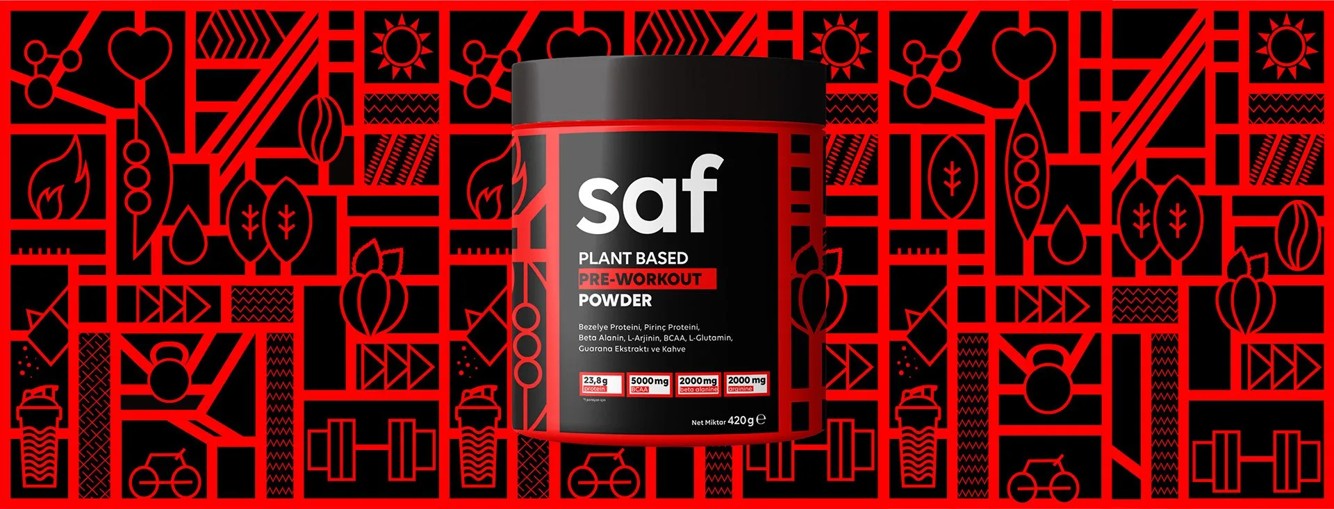 A black Saf tub with a red label on a red line pattern.