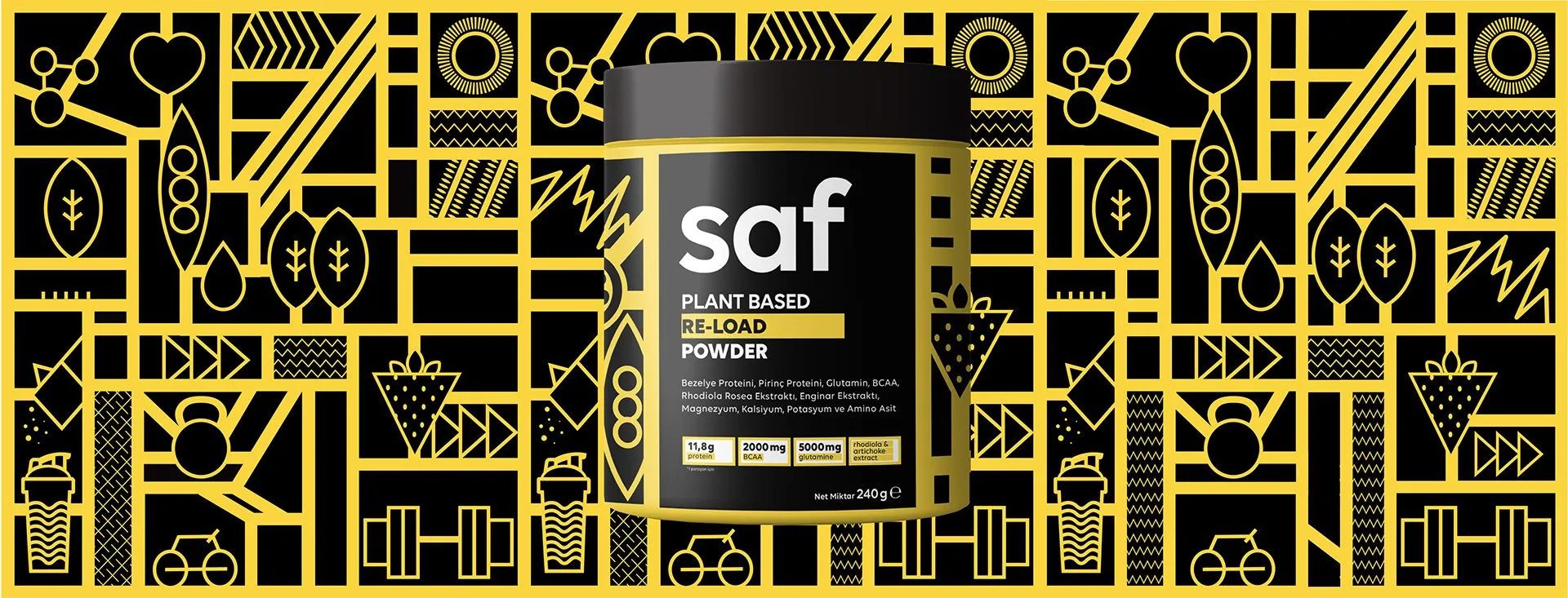 A black Saf tub with a yellow label on a yellow line pattern.