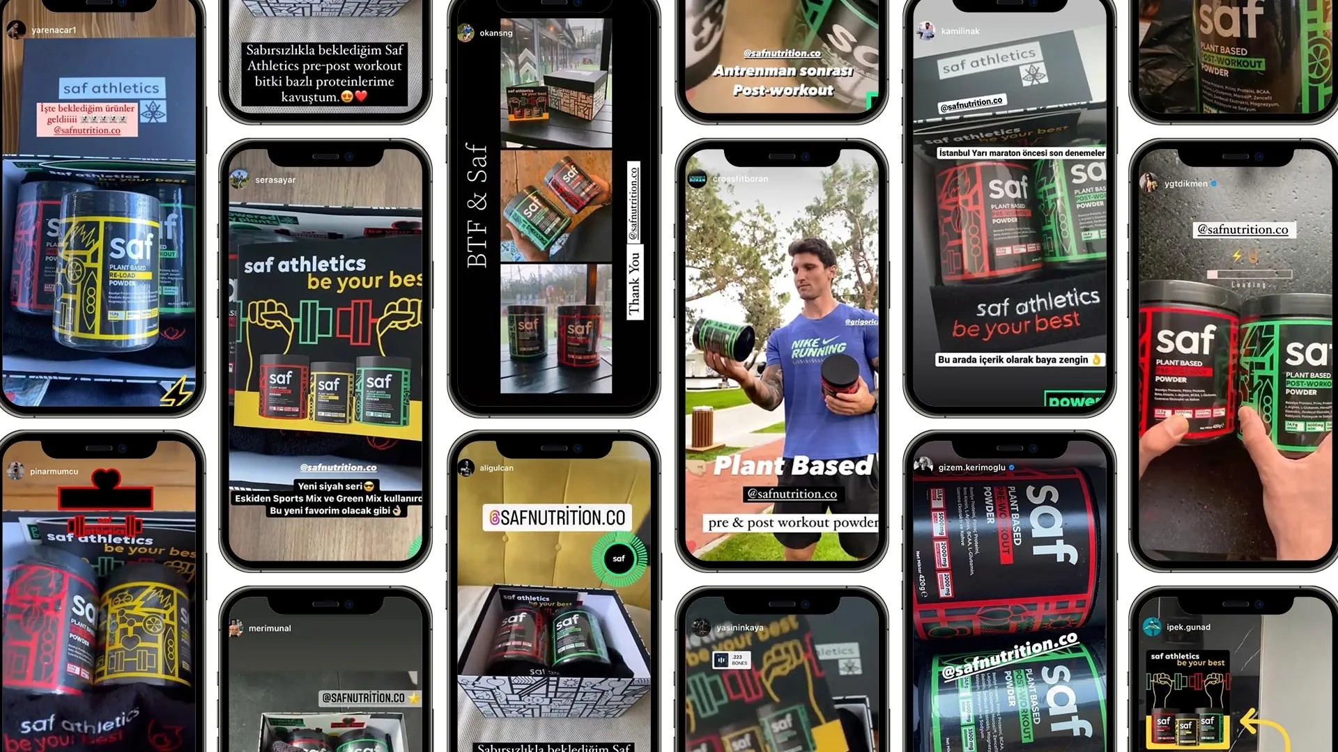 A grid of phone screens showing Saf Athletics social posts and product photography.